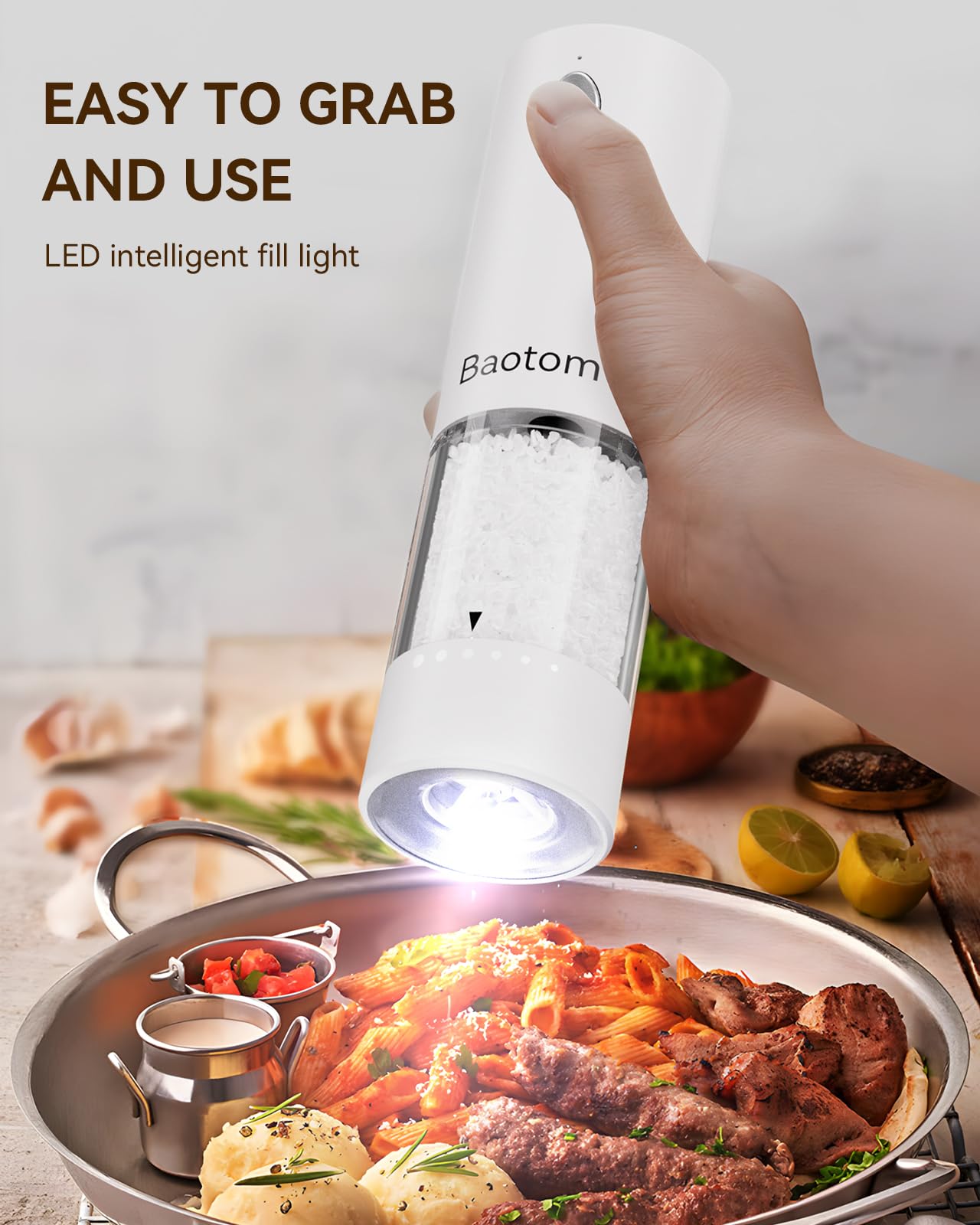 Baotom Electric Salt and Pepper Grinder Set with Dual Charging Base, 6 Adjustable Coarseness Levels & External Grind Settings, One-handed Operation Salt and Pepper Mills with LED Light,Black & White