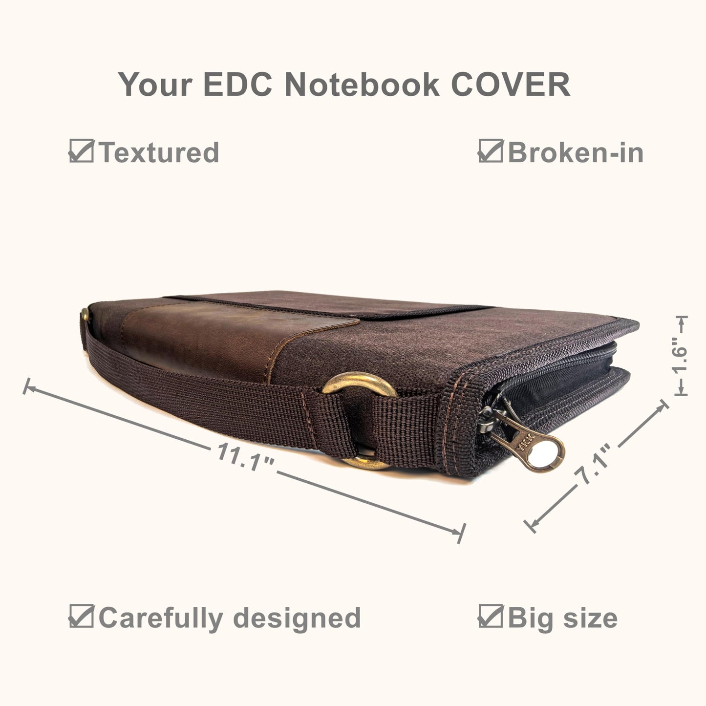 A5 Zippered Field Journal Cover with Detachable Strap, Waxed Canvas ＆ Leather Accent Notebook Organizer Case with Pen Holder, Includes 5.8″ x 8.3″ Refill, Fits Up to 4 Notebooks for Travel, EDC, Brown