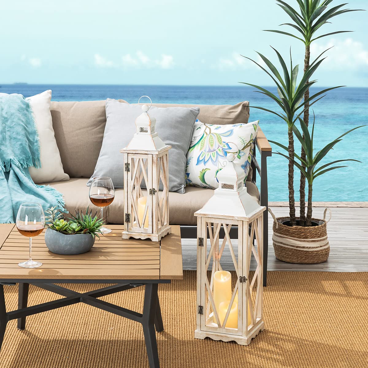 Glitzhome Large Farmhouse Wooden Metal Lantern Set of 2, 28.74" H/20.47" H Rustic Decorative Floor Candle Lanterns, Distressed Hanging Lanterns for Home Décor White (No Glass)