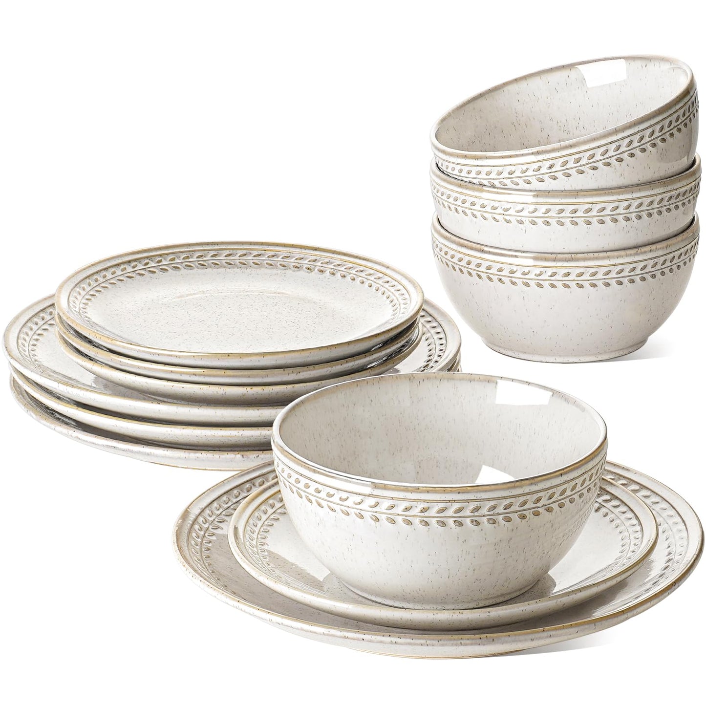 LE TAUCI Dinnerware Sets for 4, 12 Piece Ceramic Dish Set with Plates and Bowls | Oven/Dishwasher/Microwave Safe | Ideal for Housewarming | Reactive Beige (10" Plate+8" Dish+27oz Bowl)