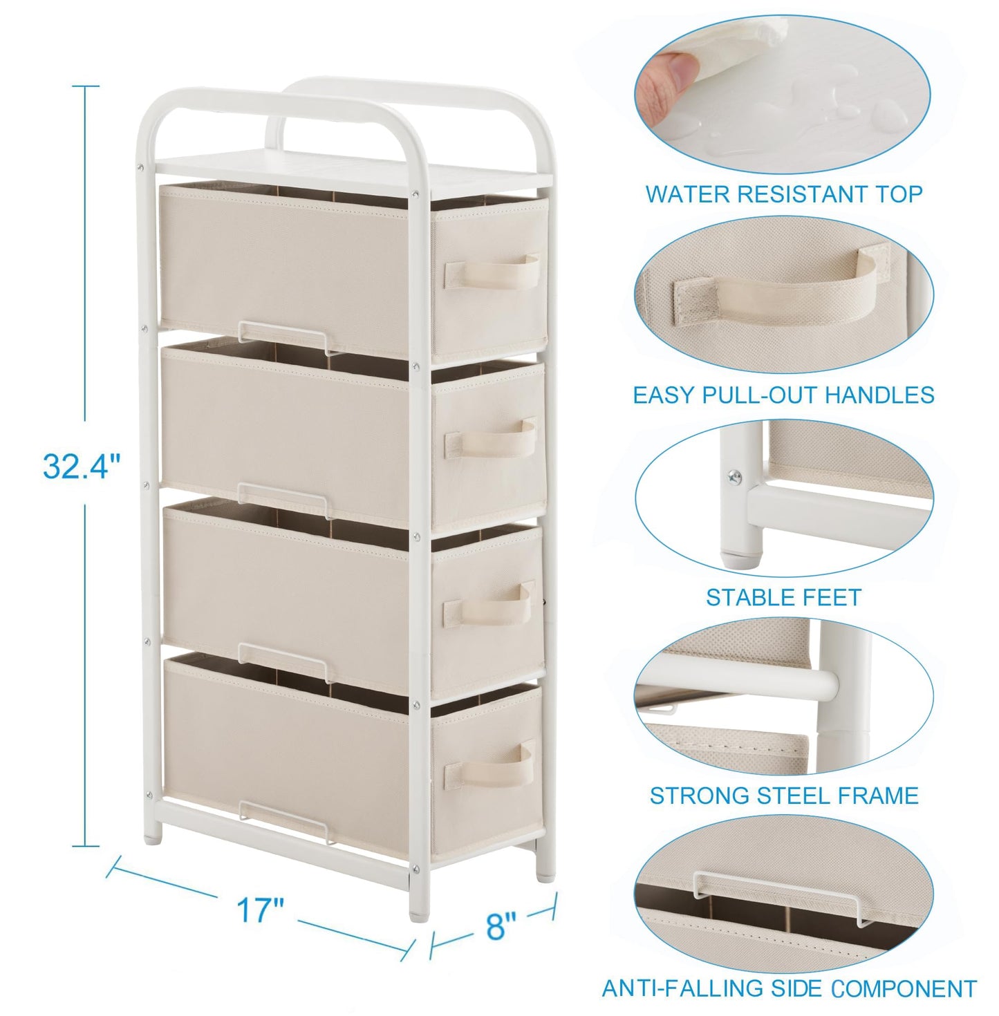 MAX Houser 4 Drawer Narrow Dresser Fabric Storage Tower Vertical Slim Storage Chest Organizer Nightstand Side/End Table Small Standing Organizer Removable Drawers Wood Top for Bedroom, Bathroom(Beige)