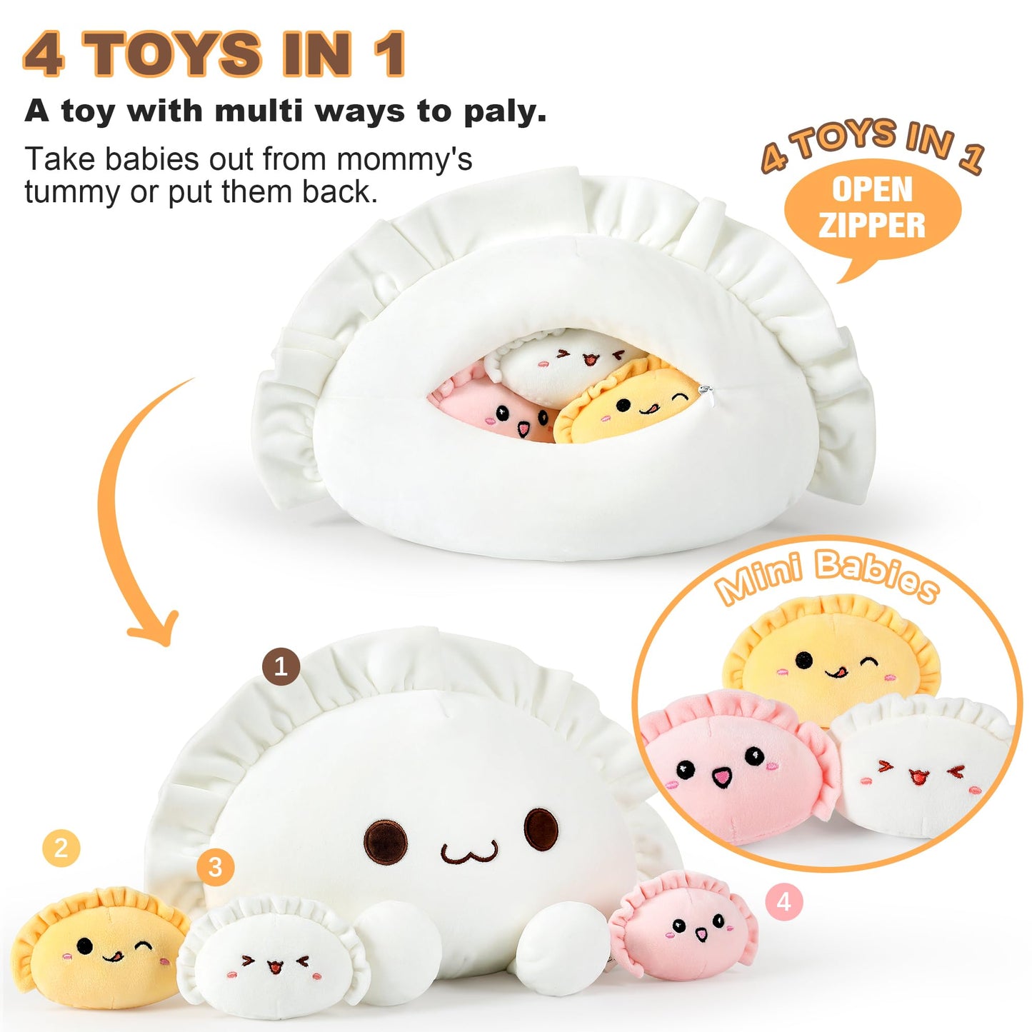 Ditucu Cute Pierogi Pillow Dumpling Plush Mommy 14 inch with 3 Littles 4 inch Family Food Shaped Stuffed Animal Plushies Toys Gifts for Kids