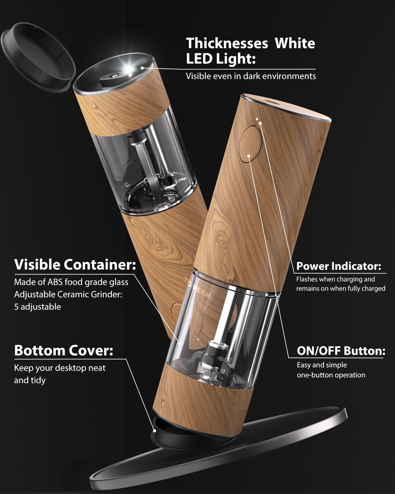 TOMEEM Upgraded Larger Capacity Electric Salt and Pepper Grinder Set Rechargeable with LED lights, Stainless Steel Automatic Pepper and Salt Grinder Refillable with 5 Adjustable Coarseness Wood Grain