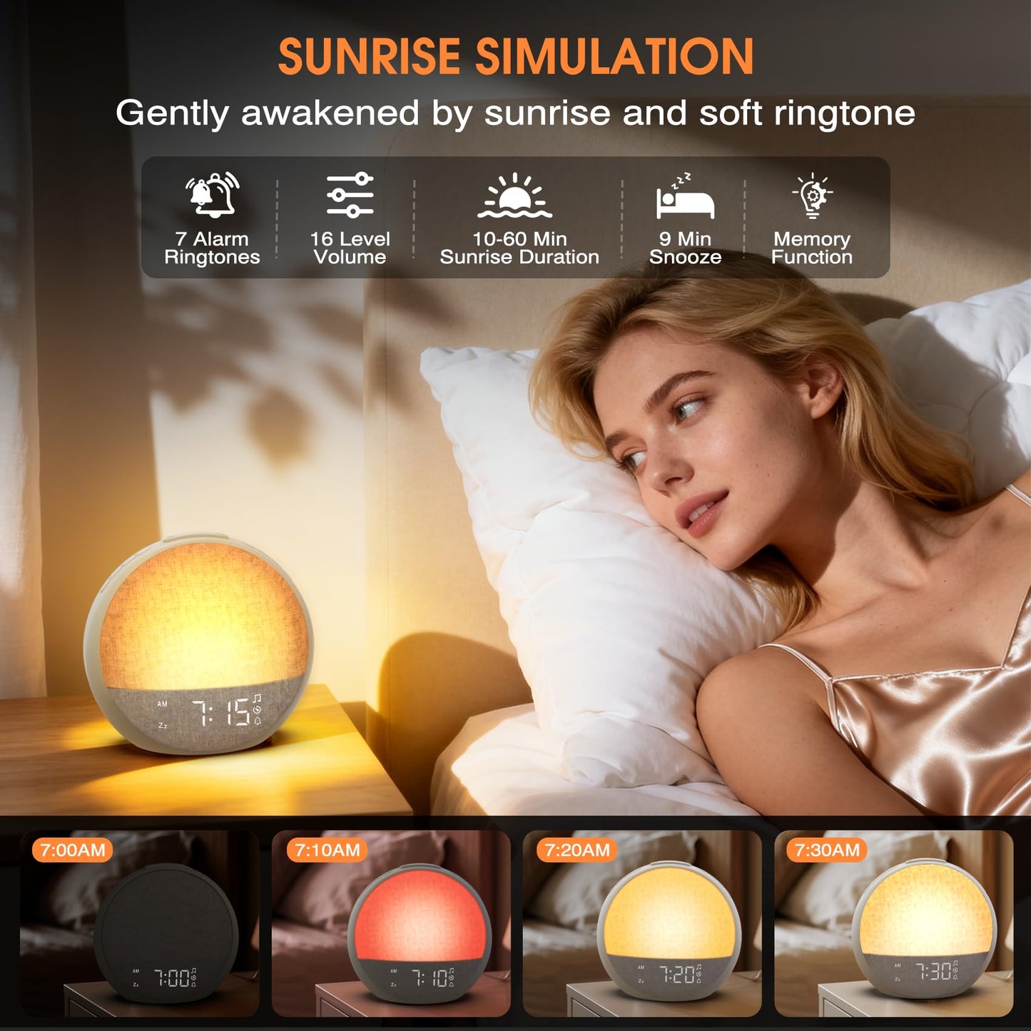 Sunrise Alarm Clock, White Noise Sound Machine with 30 Soothing Sounds, Dimmable Night Light, Natural Sunlight Lamp Gentle Wake Up Light for Bedrooms, Kids, Heavy Sleepers Adults, Baby, Ideal for Gift
