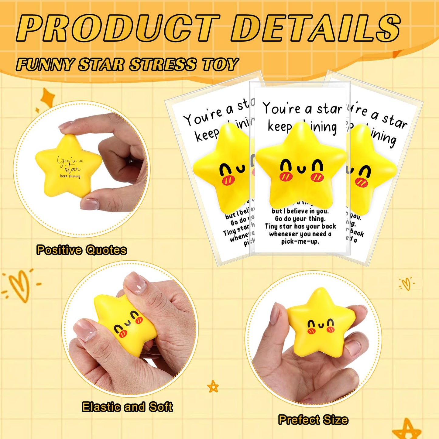 Libima 30 Pcs Inspirational Stress Balls Team Gift Thank You Teacher Appreciation Positive Gift Funny Relief Ball with Cards Bags Elastic Relief Dietitian for Coworker Staff (Star)