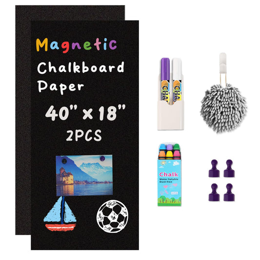2-Pack, 40" x 18" Magnetic Chalkboard for Wall Self Adhesive Blackboard Sheet Peel and Stick Chalk Board Sticker Roll Ideal for Playroom Classroom School Home