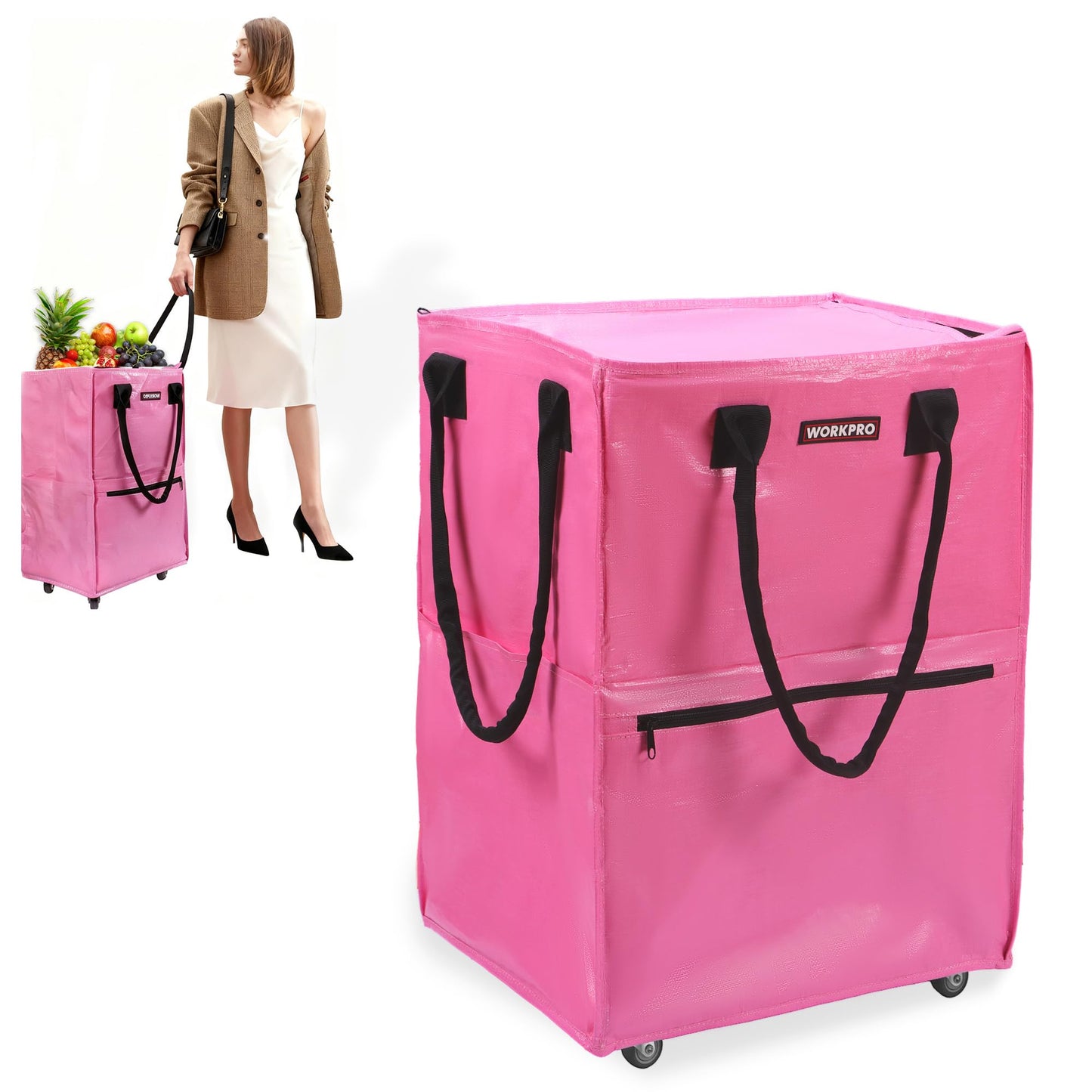 WORKPRO Large Rolling Grocery Bag, 36-Gallon Tote with 5 Wheels, 110 lbs Capacity, Dual Carry, Wide Zipper & Extra Storage for Shopping, Laundry & Moving