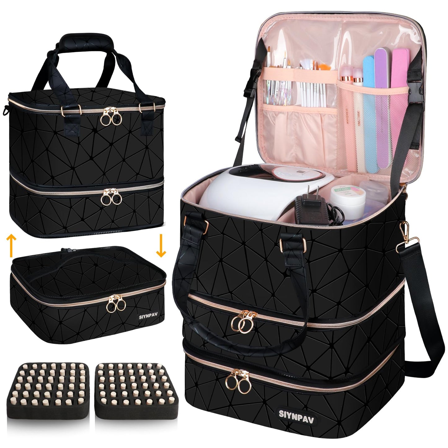 SIYNPAV Nail Polish Organizer Bag Holds 84 Bottles (15ml/0.5fl.oz)& Nail Lamp, 3 Layers Detachable Nail Kit Storage Case PU Leather, Large Travel Nail Supplies Shoulder Bag for Manicure Tools (Black)