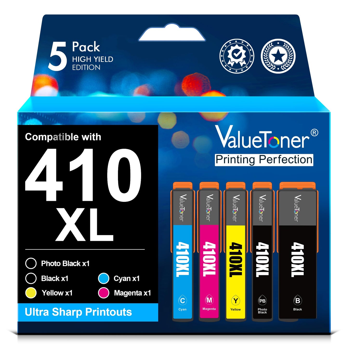 Valuetoner Remanufactured Ink Cartridge Replacement for Epson 410XL Ink Cartridges 5 Pack 410 T410XL for Expression XP-7100 XP-530 XP-630 XP640 XP-830 XP635 (Black, Cyan, Magenta, Yellow, Photo Black)