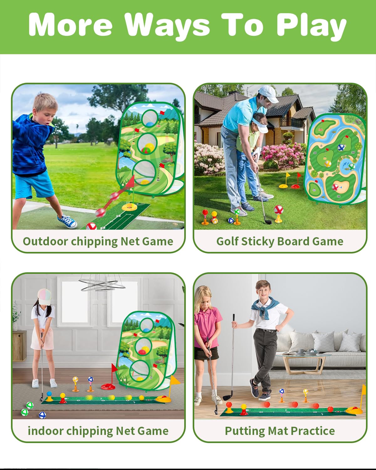 4-In-1 Kids Sticky Golf Games Set With Club, Golf Putting Practice Mat,3-Sided Golf Chipping Net, Multiple Game Modes, Golf Cornhole Board Set, Indoor & Outdoor Golf Practice For Kids & Adults