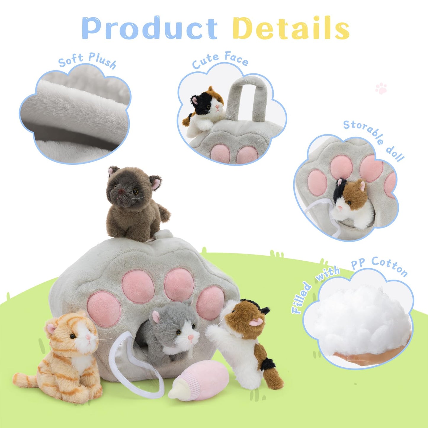 Tezituor 7Pcs Cat Stuffed Animal Set,Plush House with 4 Soft Realistic Kitten Toys,Cats Plushies for Kids Christmas Birthday Halloween Pet Gift – Interactive & Travel-Friendly Kitties Carrier Playset