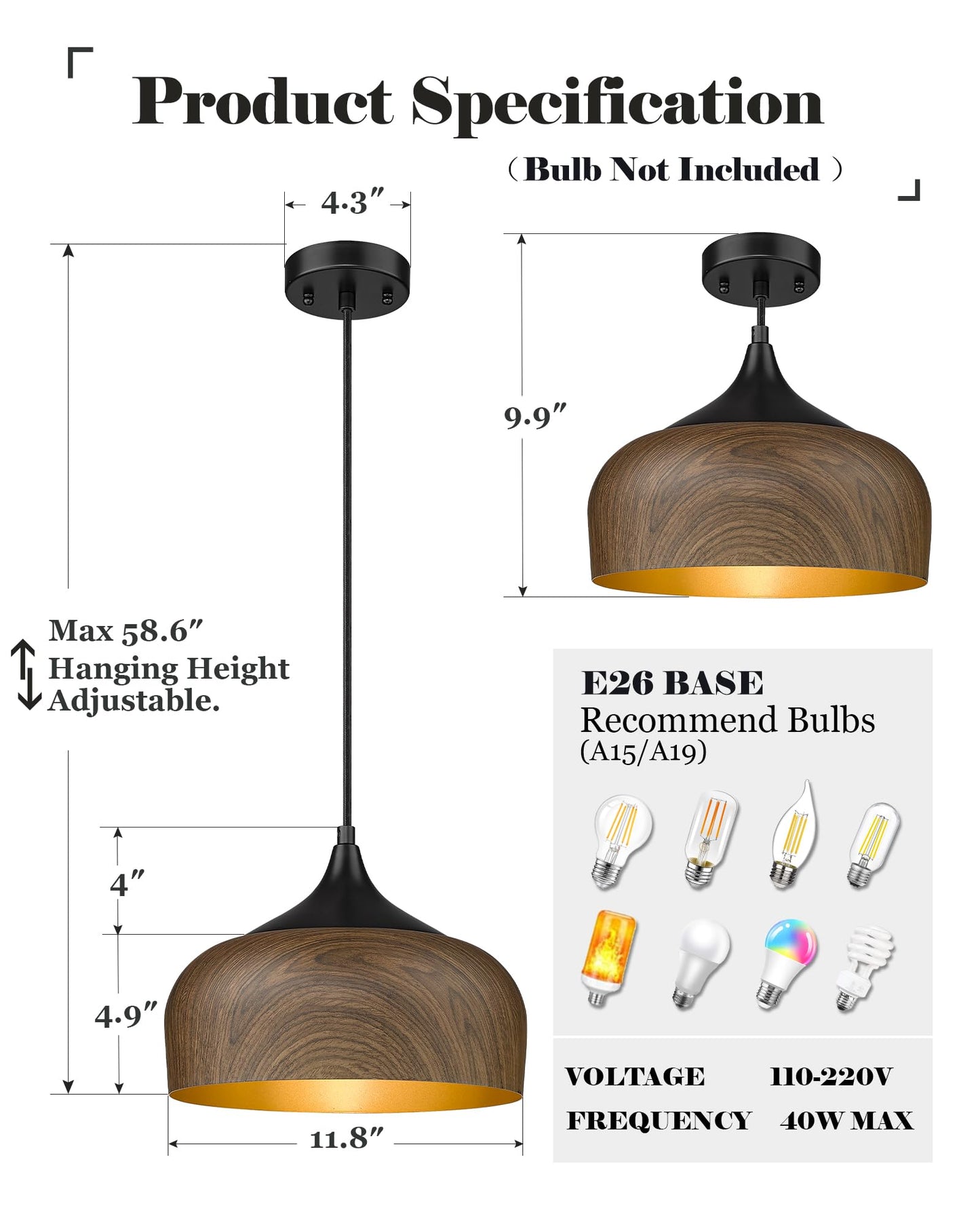 ELYONA Modern Bauhaus Pendant Light Walnut Wooden Pattern Dome Pendant Light Fixture Matte Black Metal Gold Inner Adjustable Hanging Lighting for Kitchen Island Dining Room Office Hallway Bedroom
