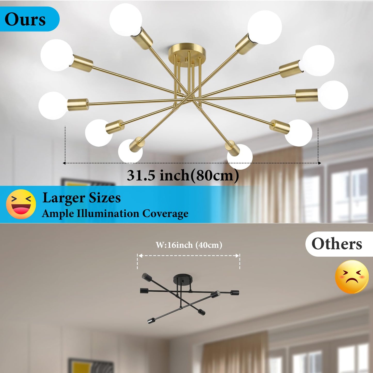 Semi Flush Mount Ceiling Light Fixture, 10-Light Modern Gold Sputnik Chandelier Industrial Ceiling Lamp for Kitchen Dining Room Living Room Bedroom Foyer