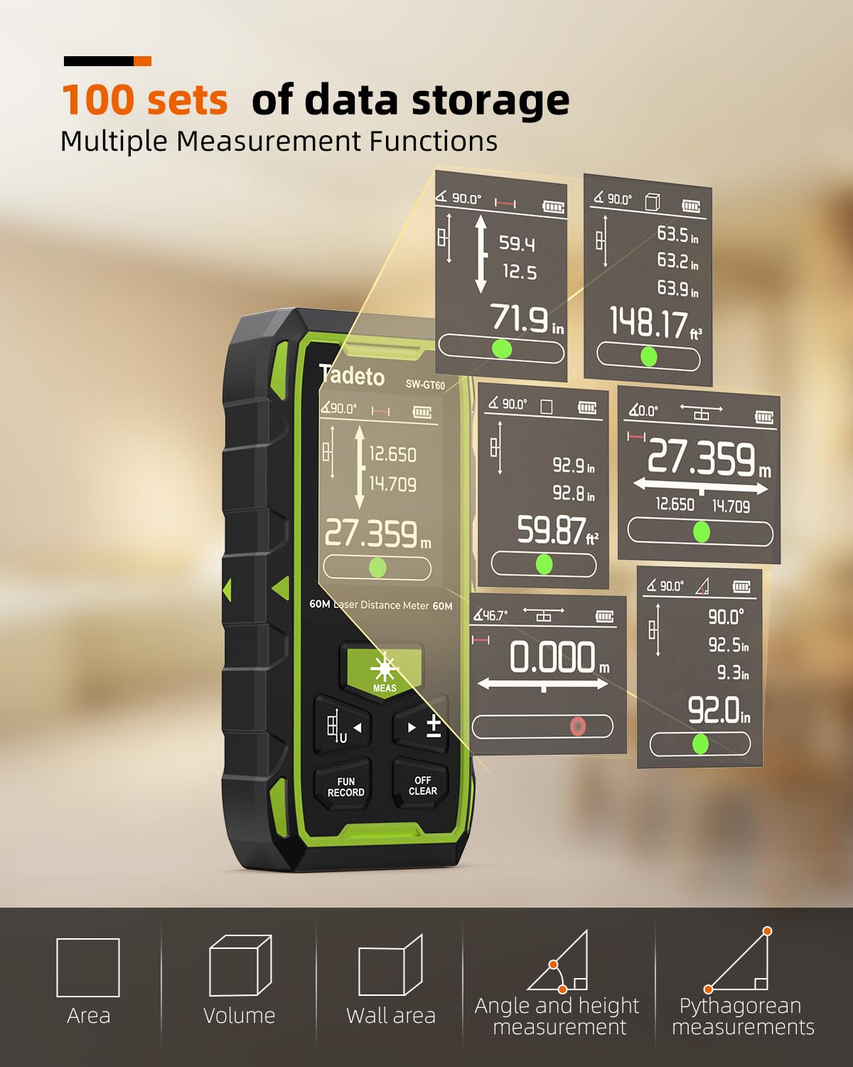 Tadeto Dual Laser Measuring Tool, 393FT/120M Bilateral Laser Measurement Tool Backlit LCD Display, Rechargeable Laser Measure with Ft/in/M Multiple Units Length/Area/Volume/Angle