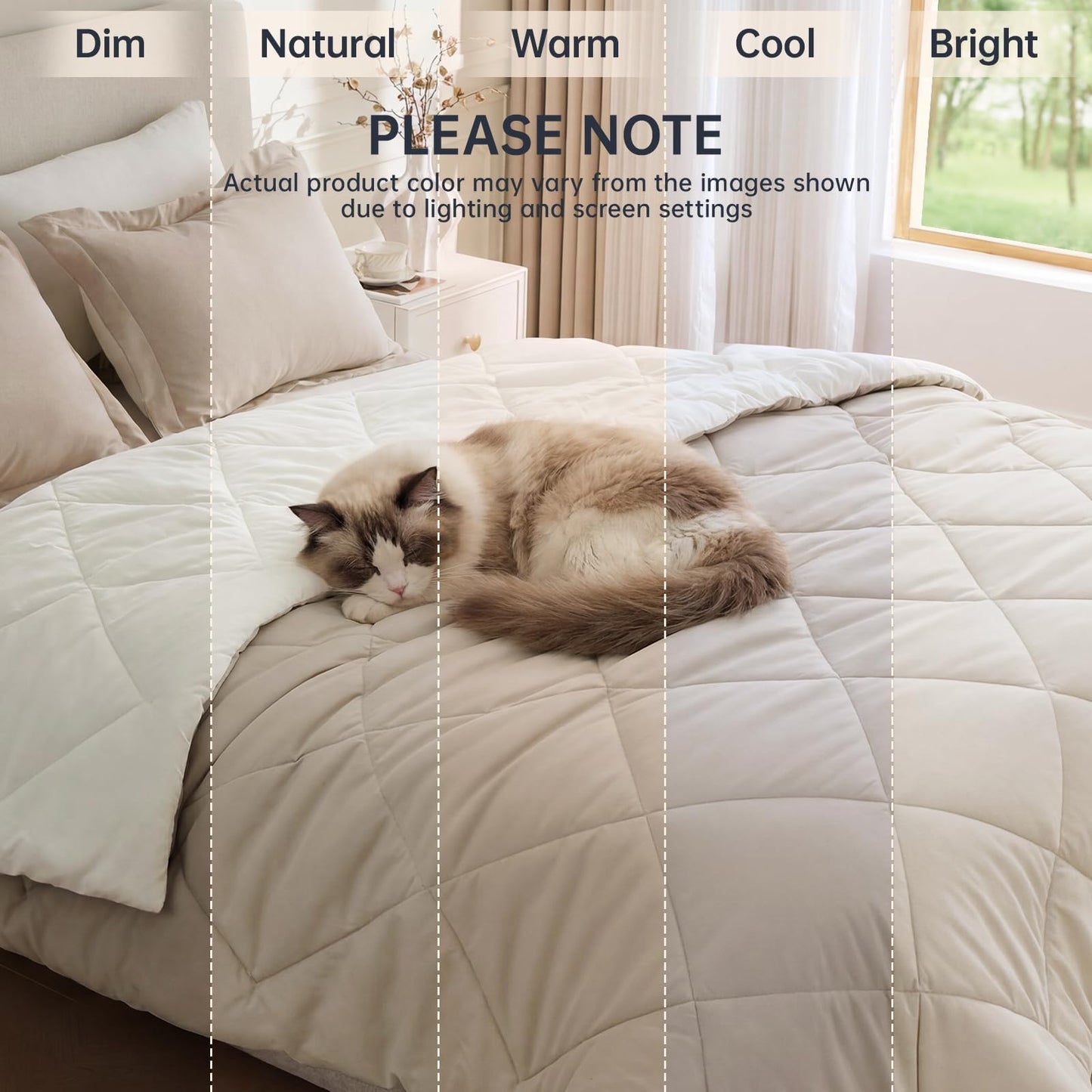 JOLLYVOGUE King Size Comforter Set, Soft Reversible Bedding for All Seasons, 3 Pieces Down Alternative Bed Set Includes 1 Lightweight Comforter (104"x90") and 2 Pillow Shams (20"x36"), Beige & Ivory