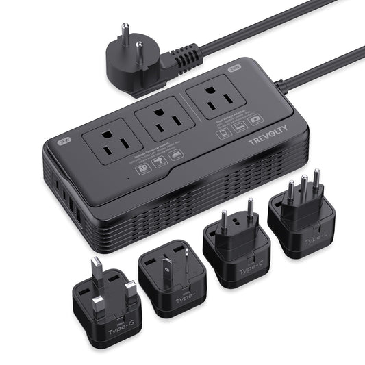 2000W Voltage Converter US to Europe - 7-in-1 Power Converter Adapter Combo with EU/UK/IT/AU Plugs, 220V to 110V Converter with 3 AC Outlets, 2 USB & 2 Type-C Ports for Travel