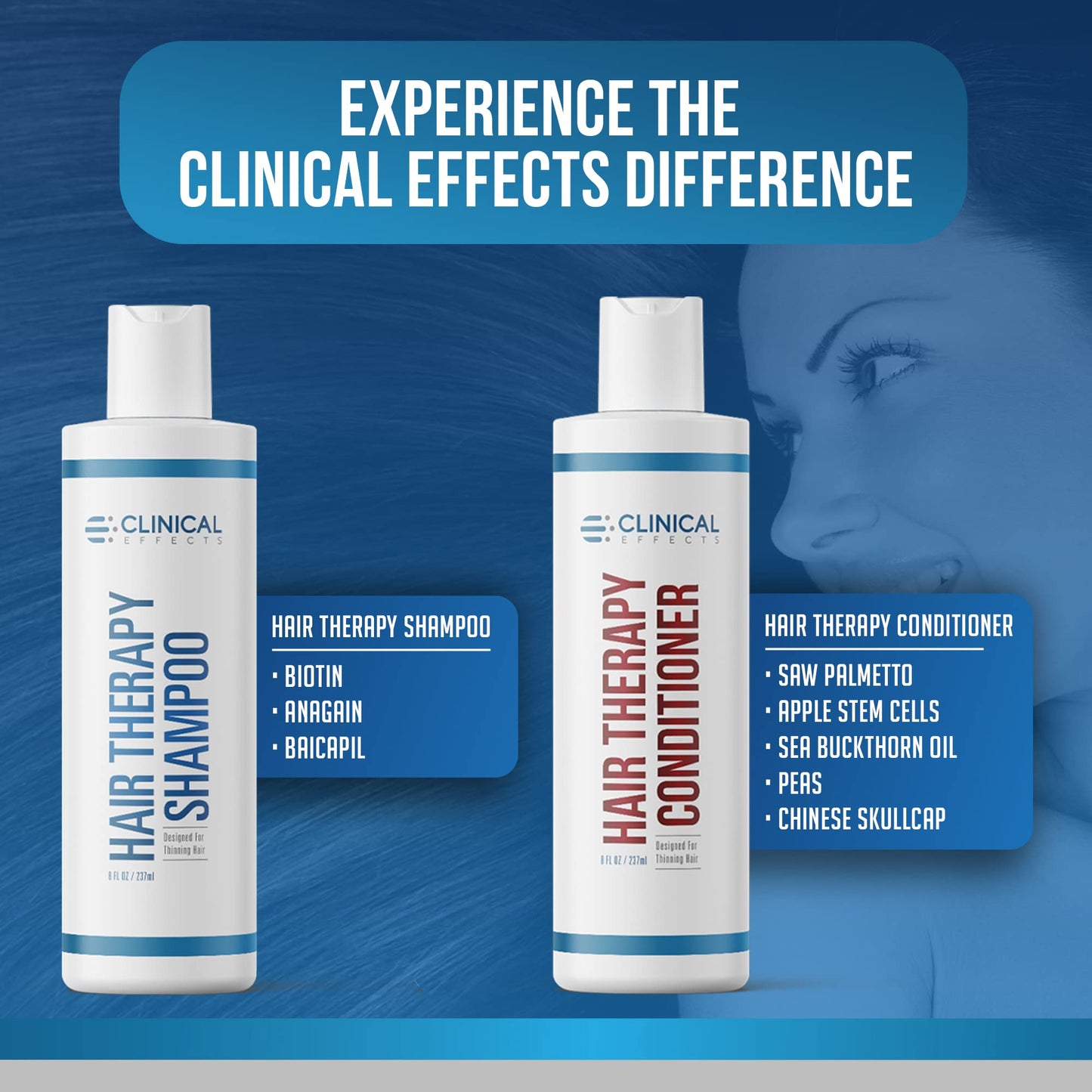 Clinical Effects Hair Therapy Shampoo and Conditioner Set - Hair Growth Shampoo and Conditioner for Thinning Hair - Biotin, Saw Palmetto, and DHT Blocking Ingredients - USA Made - 2 Bottles, 8 fl oz