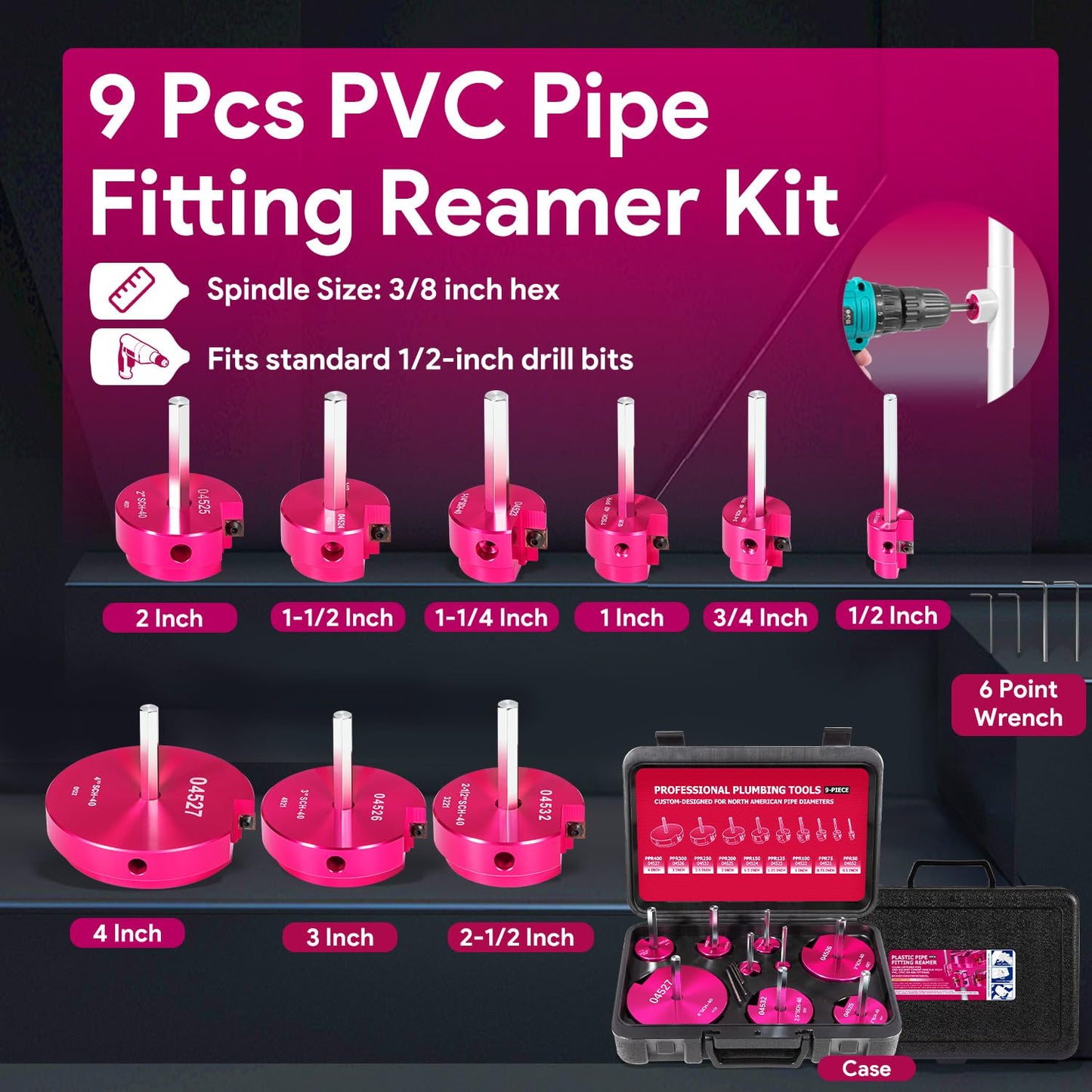 9Pcs PVC Pipe Fitting Reamer Kit - Complete Plastic Reamer Set Fits into Standard 1/2" Drills Contains 1/2", 3/4'', 1'', 1-1/4", 1-1/2'', 2'', 2-1/2", 3'' and 4'' for PVC, SCH40, ABS, CPVC