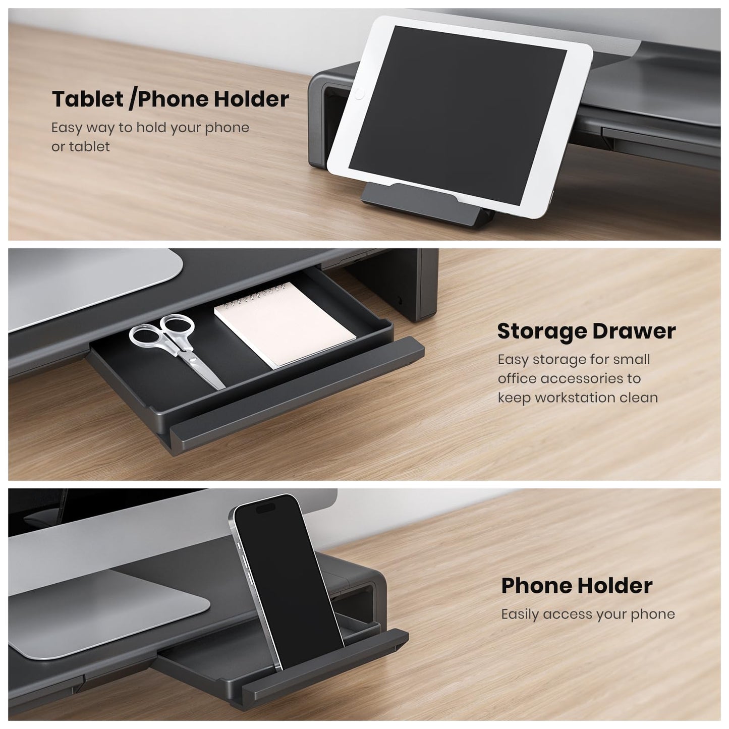 Monitor Stand Riser, Klearlook Foldable Computer Monitor Riser,Height Adjustable Computer Stand, Desk Shelf Riser with Storage Drawer & Tablet Phone Stand for Computer, Desktop, Laptop (Black)