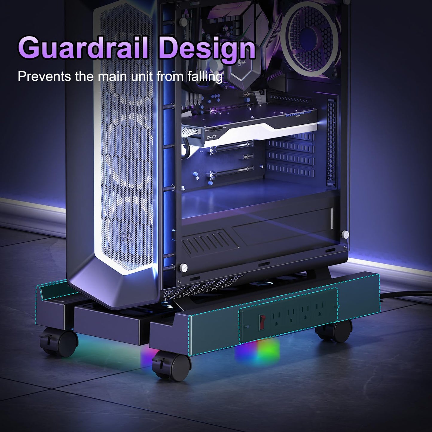 Hovadova Computer Tower Stand with Charging Station, Cooler Fan and Light, Adjustable PC Stand for Floor, Mobile CPU Stand with 4 Caster Wheels, Under Desk CPU Holder Fits Most PC Tower