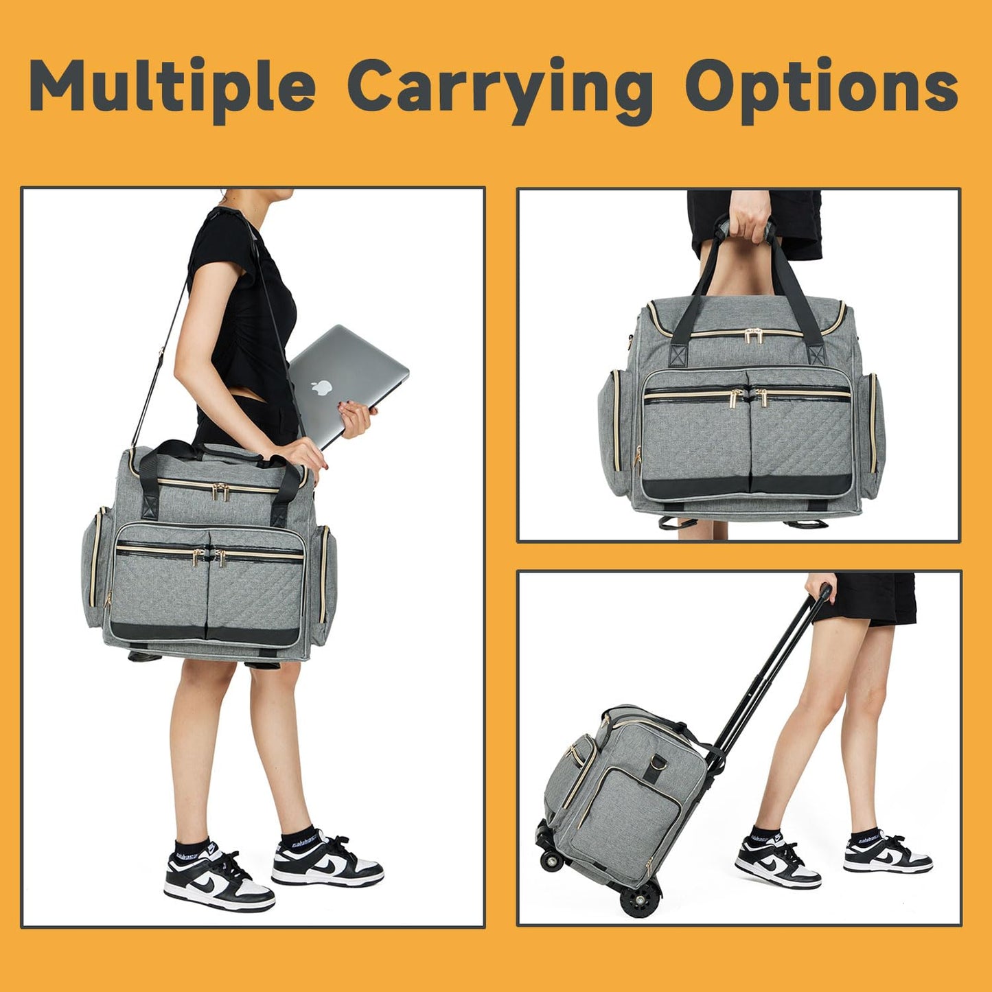 Arxus Rolling Teacher Bag with 4 Wheels, Art Tote Bag for Women with Detachable Dolly, Heavy Duty Briefcase with Padded Sleeves for 15.6” Laptop Grey