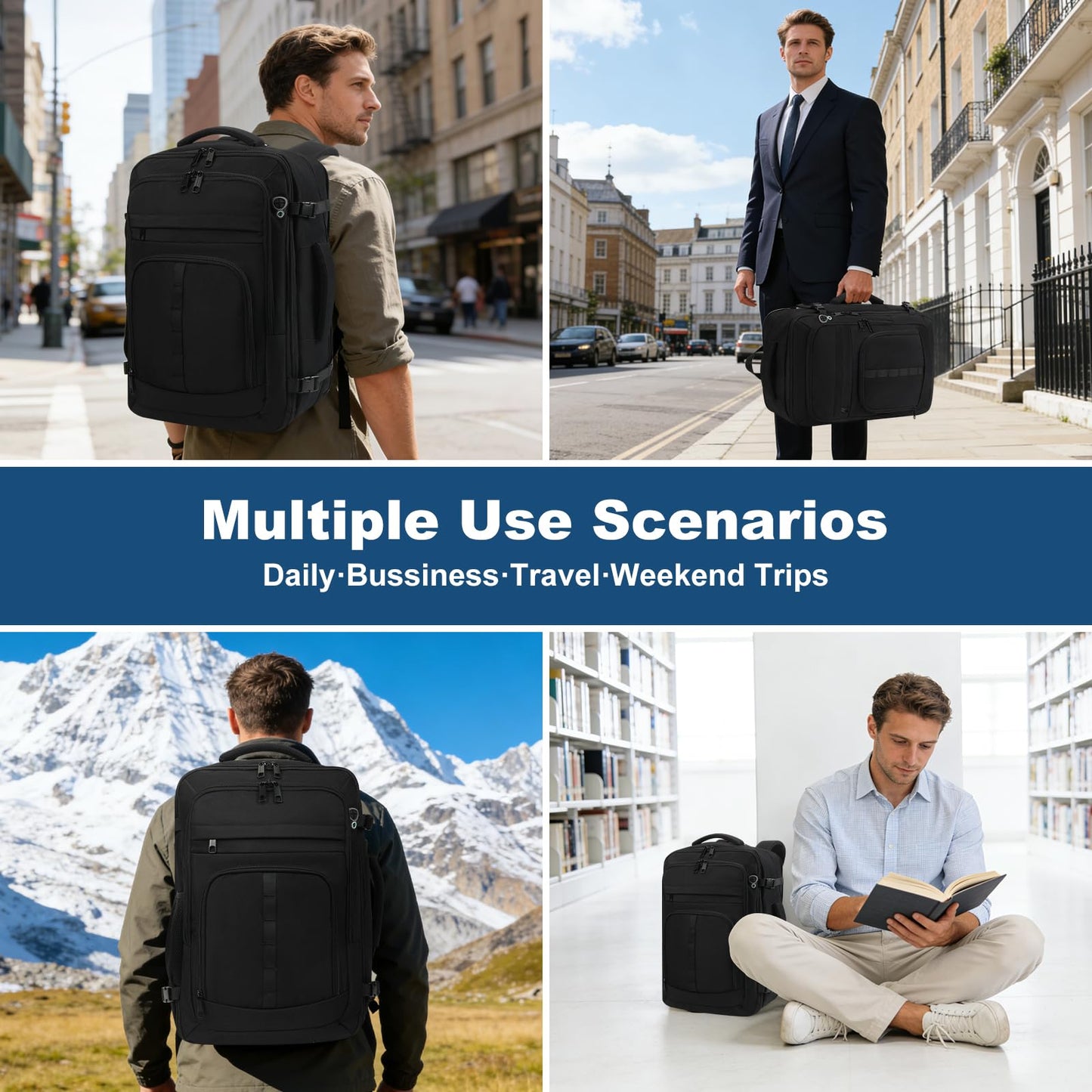 Spacious Travel Backpack,Expandable 1-5 Days Carry on Backpack with USB Cable Port,Fits 17.3" Laptop Notebook,Water Resistant Weekender Backpack for Men Women Bussiness Trips,Daily Use,Black