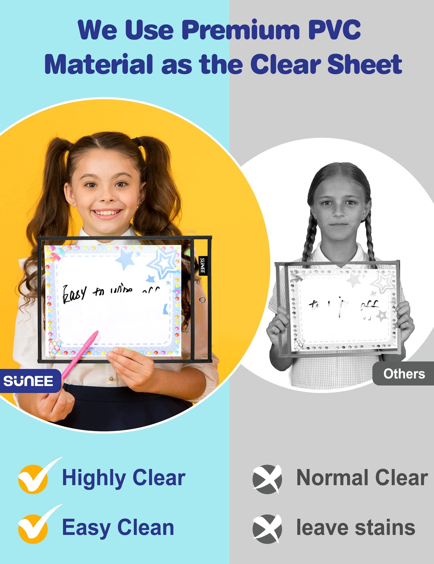 SUNEE 50 Packs Oversized Reusable Dry Erase Pocket Sleeves with 3 Rings, Black 10x14 Ticket Holders, Clear Plastic Sheet Protectors, Teacher School Classroom Supplies
