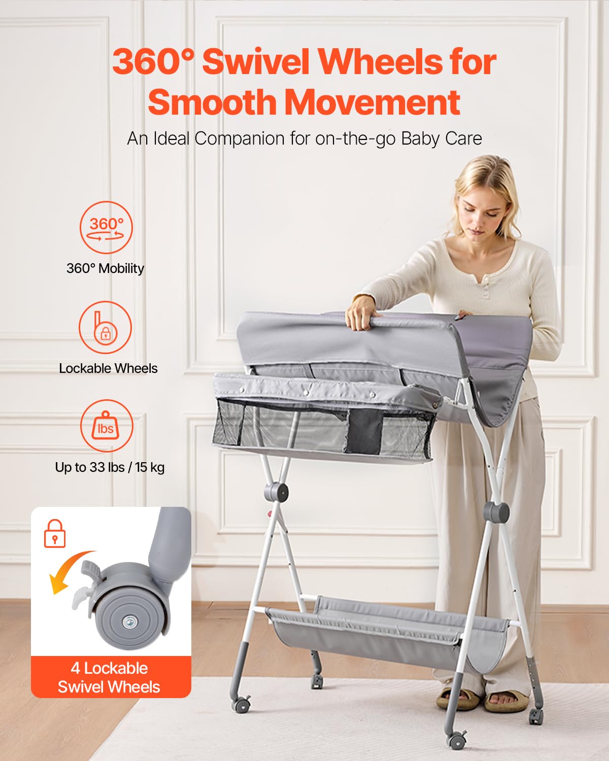 VEVOR Baby Changing Table, Foldable Diaper Change Station with Side Basket, Adjustable Height Changing Table with Lockable Wheels, Multi-Functional Nursery Storage Organizer, Gray
