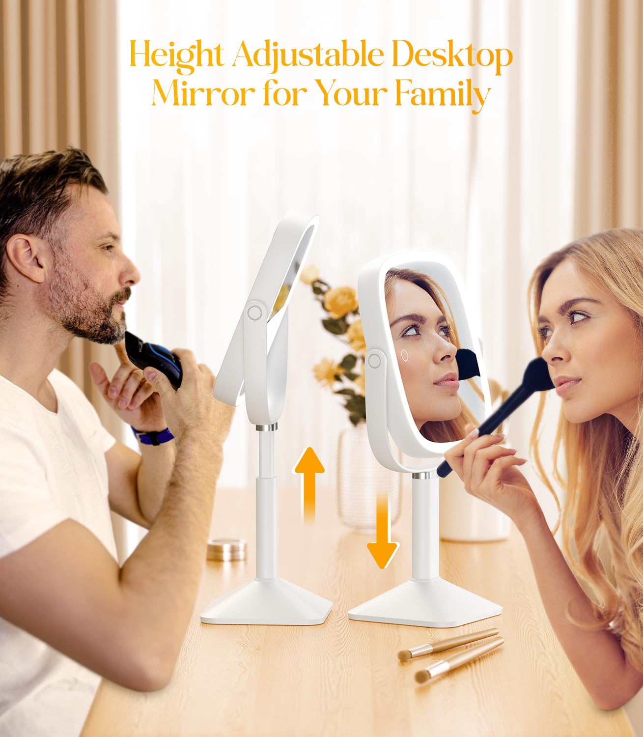 Gospire Rectangle Lighted Makeup Mirror with Lights 3 Color, Height Adjustable and 1X/7X Magnifying, 4000mAh Rechargeable Battery for Bedroom, 8.5”x7.4” Large Surface, Stepless Dimming - White