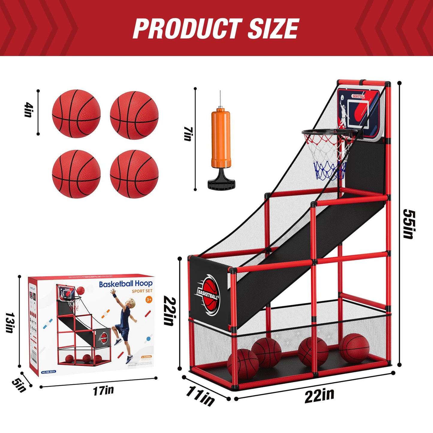 HYES Basketball Arcade Game Indoor Outdoor, Kids Basketball Hoop with 4 Balls & Pump, Single Shot Basketball Game at Home, Carnival Games Sport Toys Gifts for Boys Girls Teens Ages 3-12 Years Old