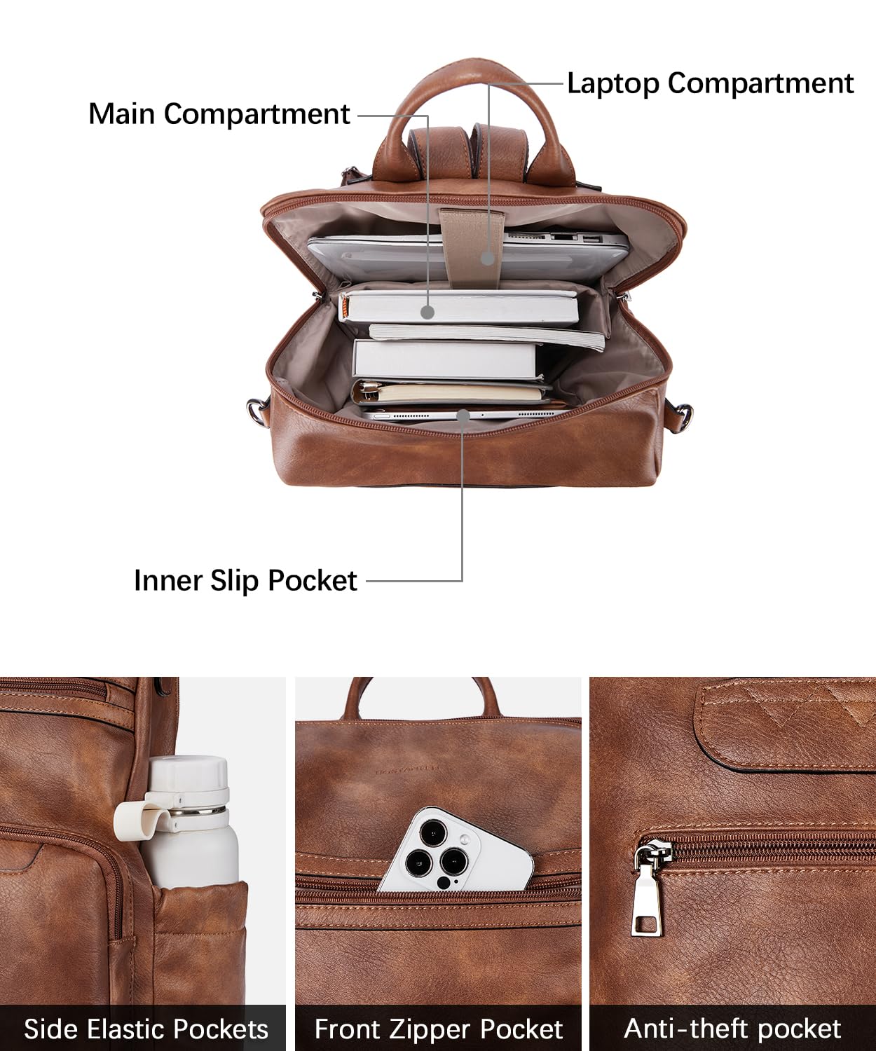 BOSTANTEN PU Leather Laptop Backpack for Women Designer Travel Backpack with Laptop Compartment Ladies Computer Shoulder Bags