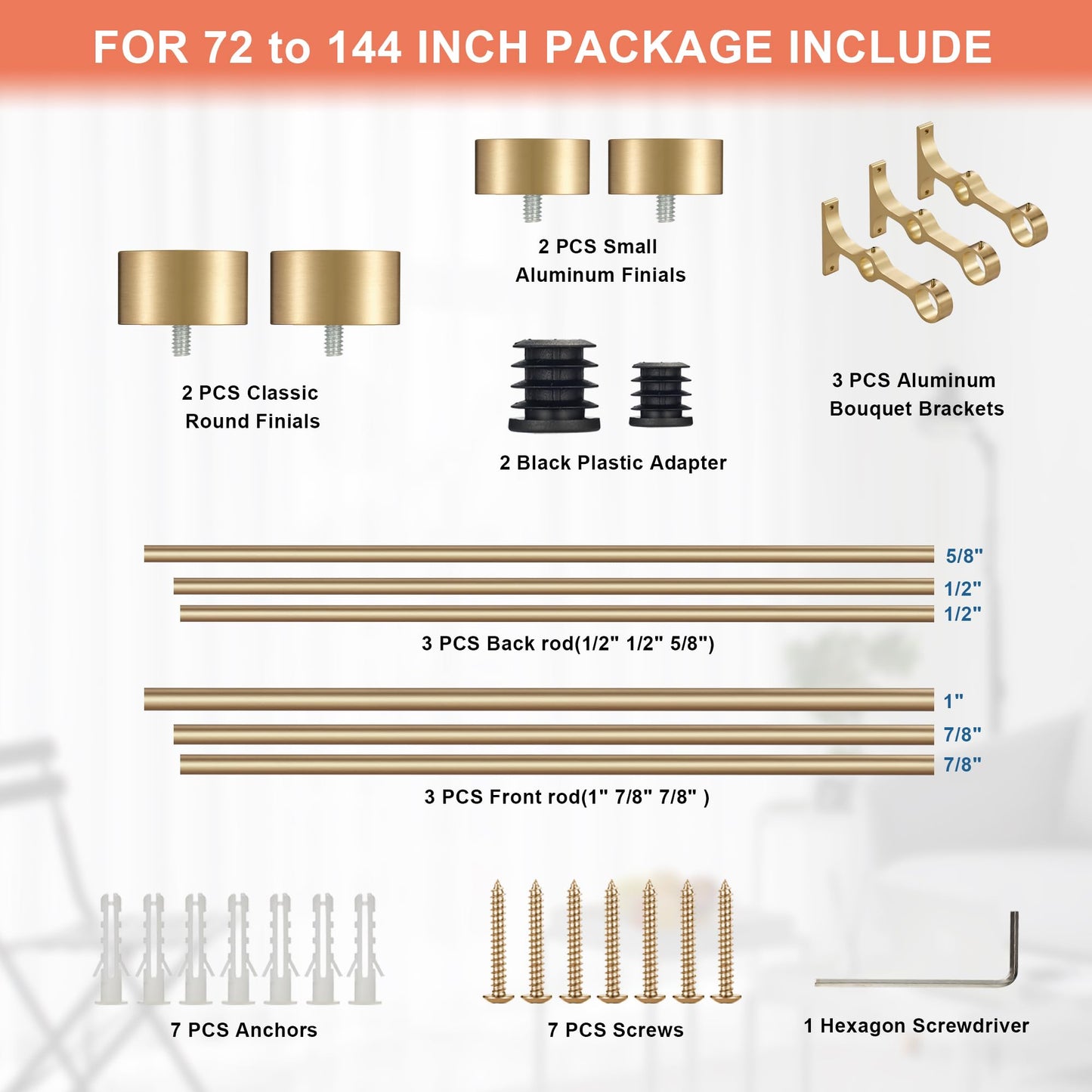 Lwiiom Double Curtain Rods with Aluminum End Cap and Full Surround Brackets,1"Front and 5/8" Back Rod,Adjustable between 72 to 144 Inches (6-12 Feet), Warm Gold Double Window Drapery Rod