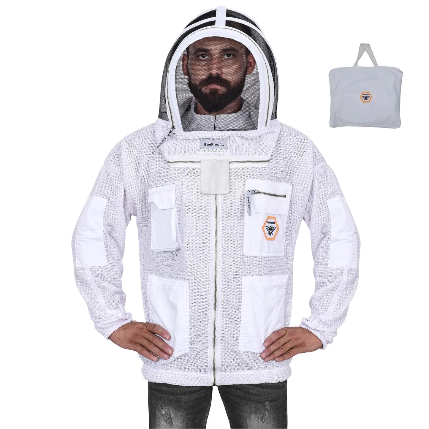 BP-301 Beekeeping Jacket with Veil, 3-Layer Ultra Ventilated Suit for Full Protection, Safety Fencing, YKK Zippers, and Carrying Bag (White Fencing Veil, X-Large)