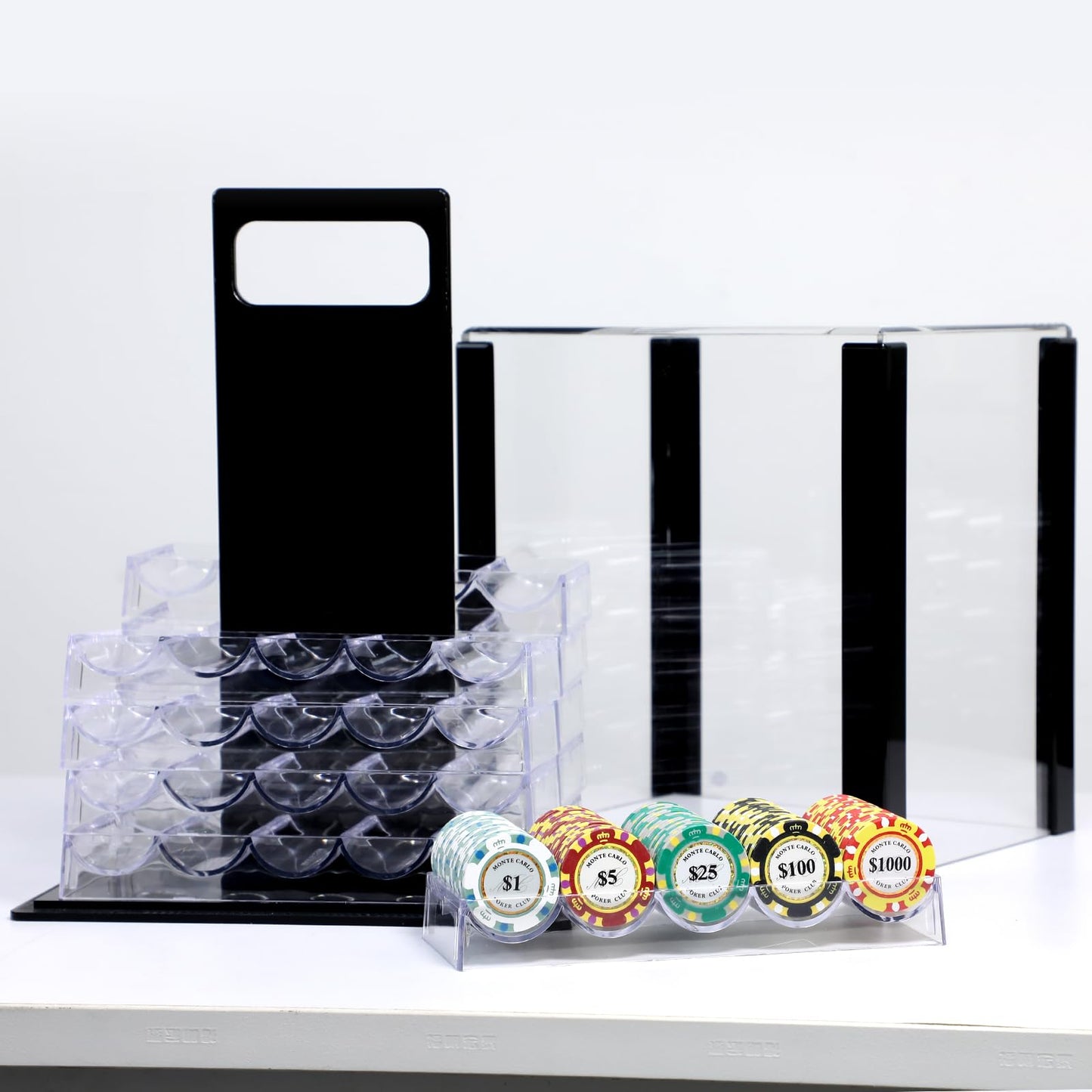 JIESITE Acrylic Poker Chip Case 1000pcs Capacity Poker Chip Trays Set Including 10 Poker Chip Holder Poker Chip Display Case for Standard Size Chips (1000pcs)