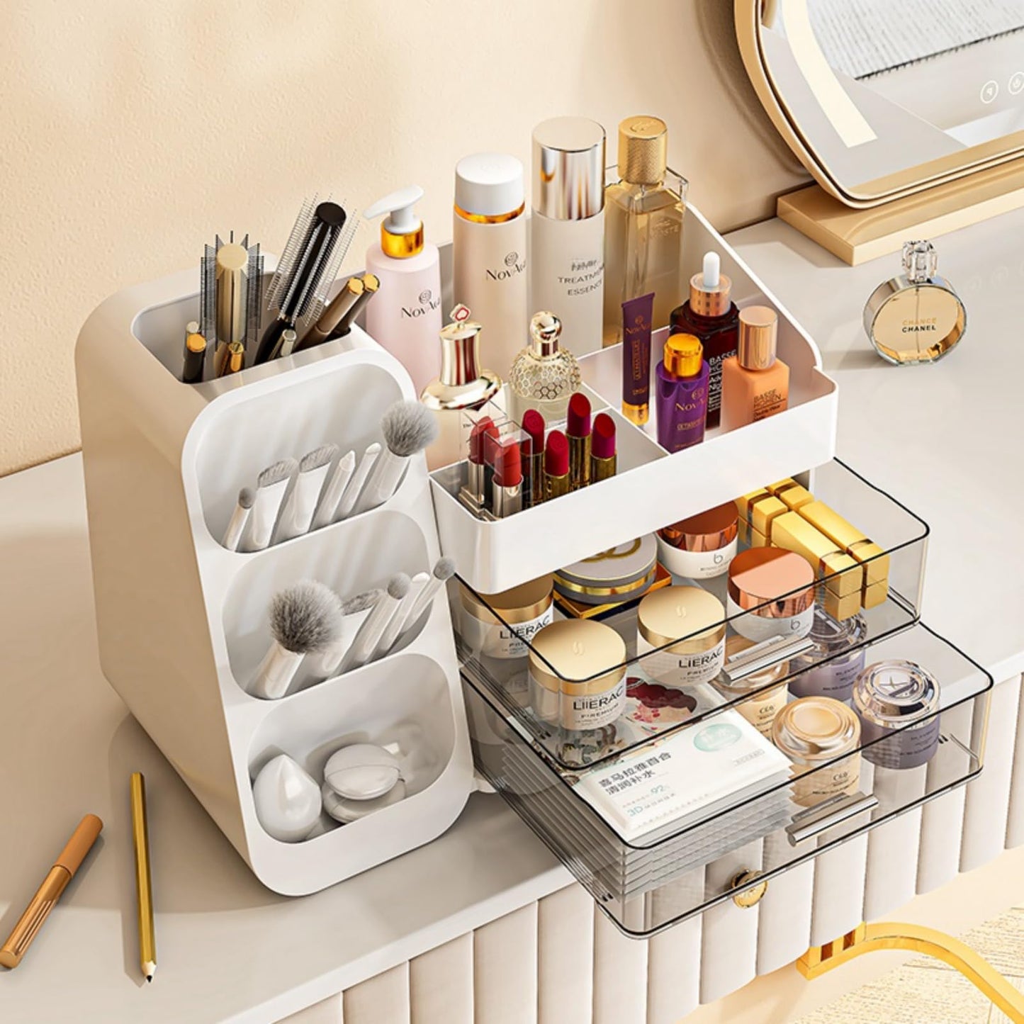 Makeup Organizer with Drawers for Vanity,Spacious Cosmetic Display Case,Perfect Storage Solution for Your Beauty Essential(White)