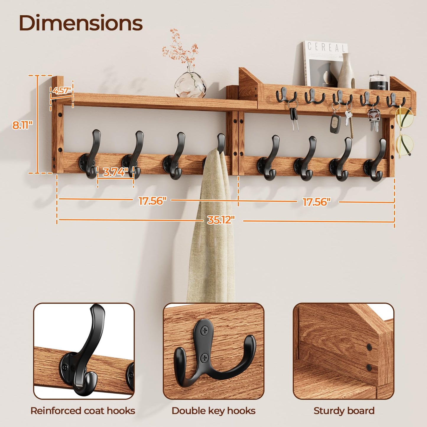 Evermagin 35" Coat Rack Wall Mount with Shelf, 4 in 1 Wall Mounted Coat and Key Hanger with 13 Hooks, Entryway Key Holder with Mail Holder for Living Room, Bedroom