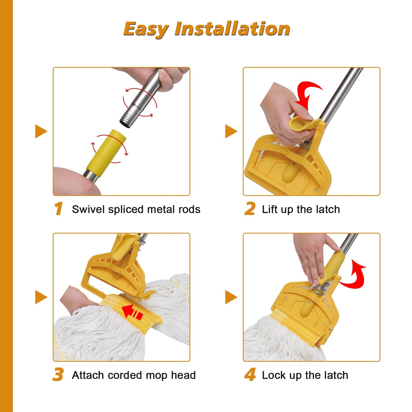 Cotton Mop+Mop Handle Commercial Heavy Duty, 61 inch Metal Commercial Mop Stick for Home, Garage,Office, Workshop, Warehouse Floor Cleaning, 1 Pack