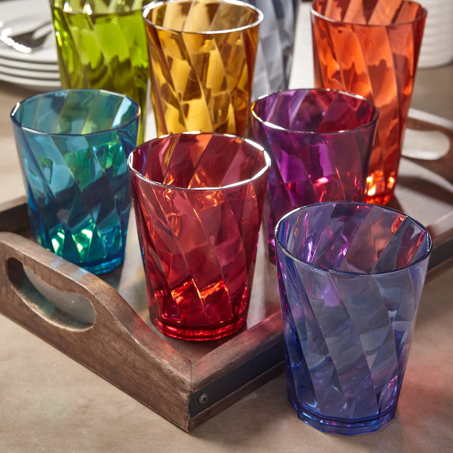 US Acrylic Optix Plastic Reusable Drinking Glasses (Set of 16) 14oz Rocks & 20oz Water Cups in Jewel Tone Colors | BPA-Free Tumblers, Made in USA | Top-Rack Dishwasher Safe