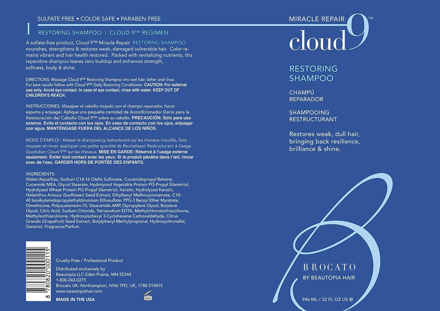 Brocato Cloud 9 Restoring Shampoo by Beautopia Hair: Miracle Repair Moisturizing & Revitalizing Shampoo - 32 oz