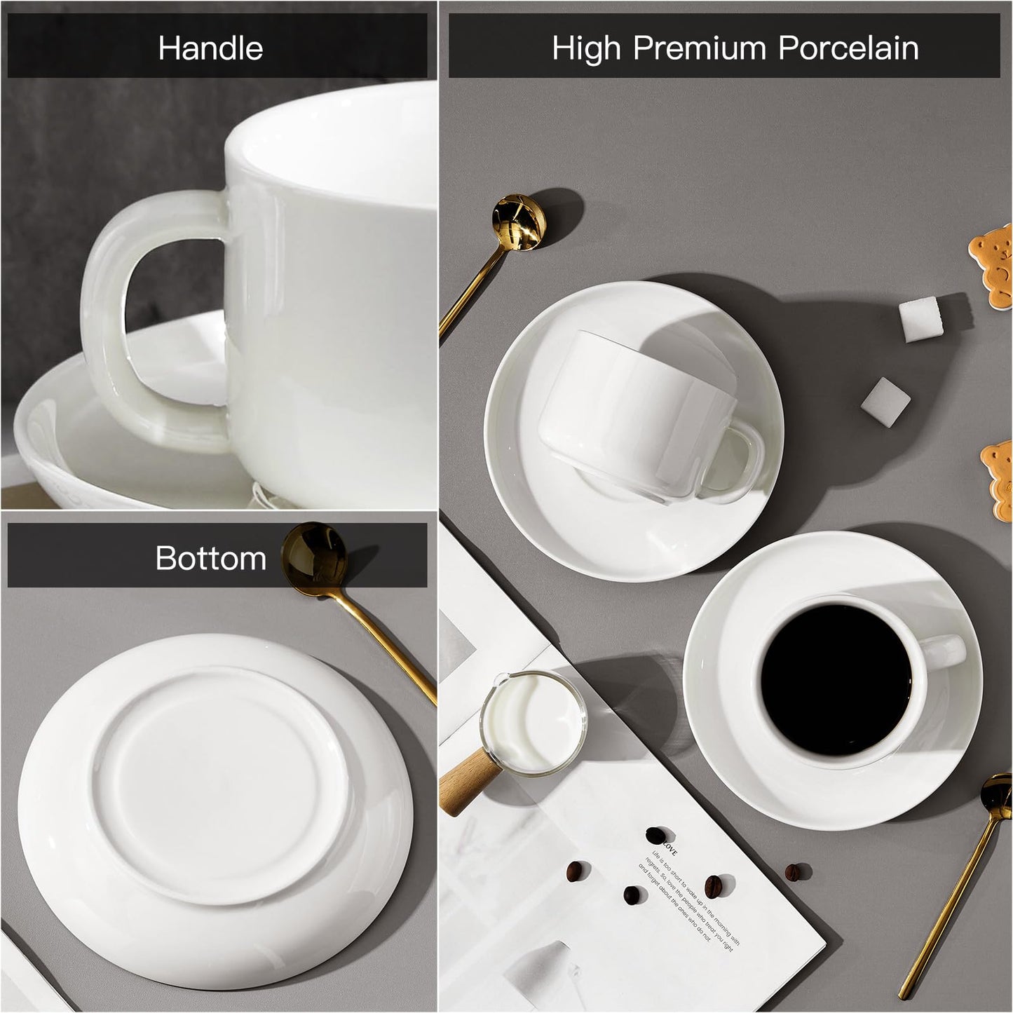 CHILDIKE 7 oz Coffee Cups with Saucers Spoons - Set of 6 Cappuccino Cups, White Porcelain Cups Serving for Tea Espresso Latte Mocha