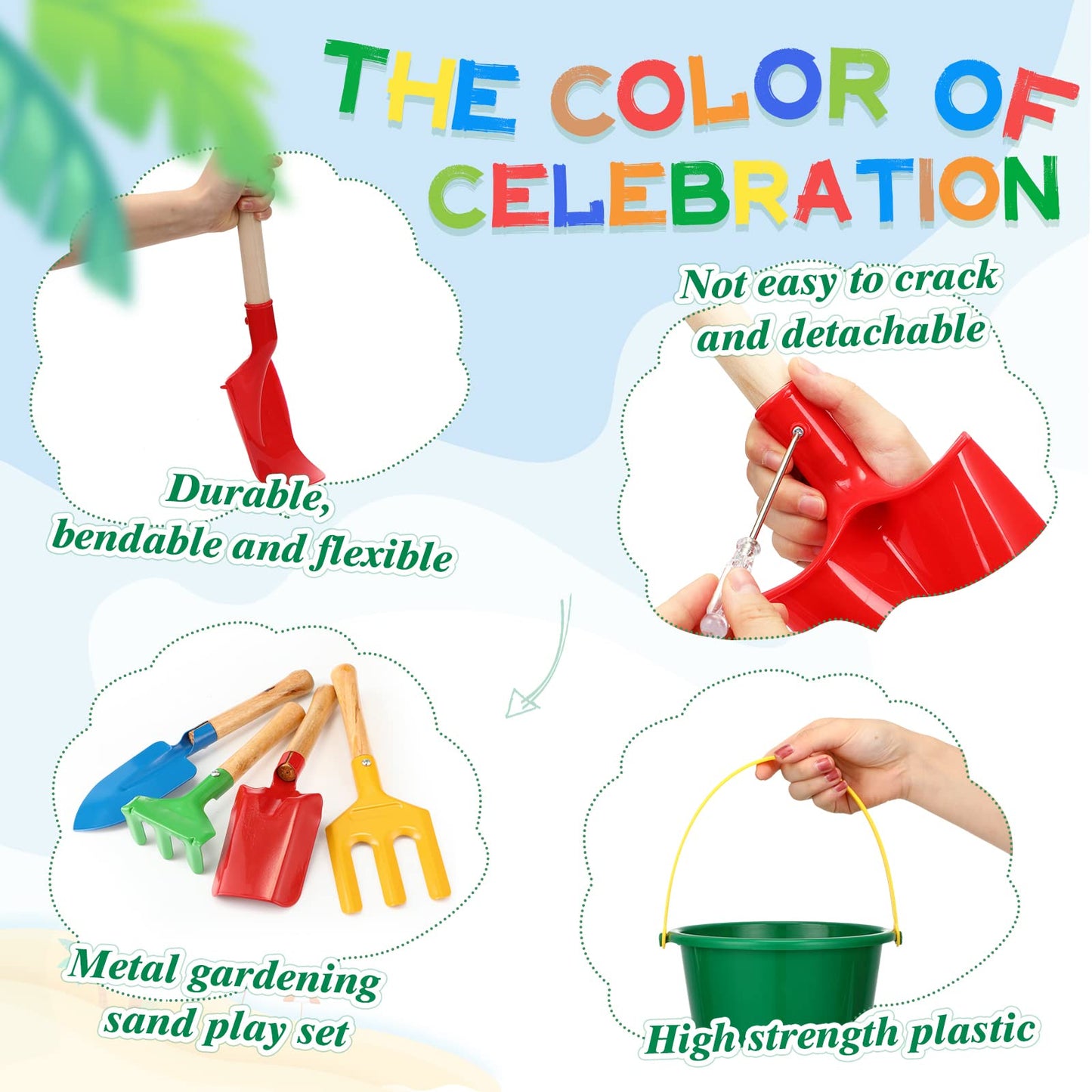 Jexine 24 Pcs Sand Buckets and Shovels for Kids Beach Sand Toys Bulk 12 Plastic Beach Buckets and 12 22 Inches Gardening Shovel with Wooden Handle Summer Toys for Boys and Girls, 4 Colors