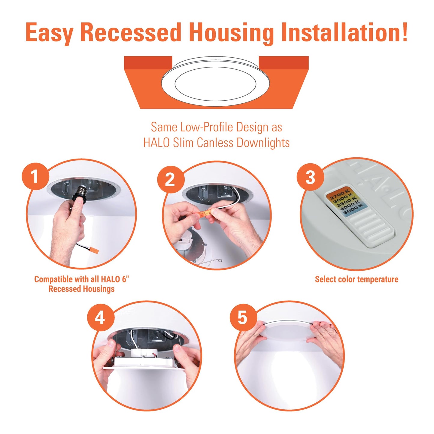 HALO HLBT 4 Pack 6 in Slim LED Recessed Light Trim with Selectable Color Temperature 2700K, 3000K, 3500K, 4000K, 5000K Dimmable Wet Location Indoor Outdoor New Construction Remodel - HLBT609FS5-4PK