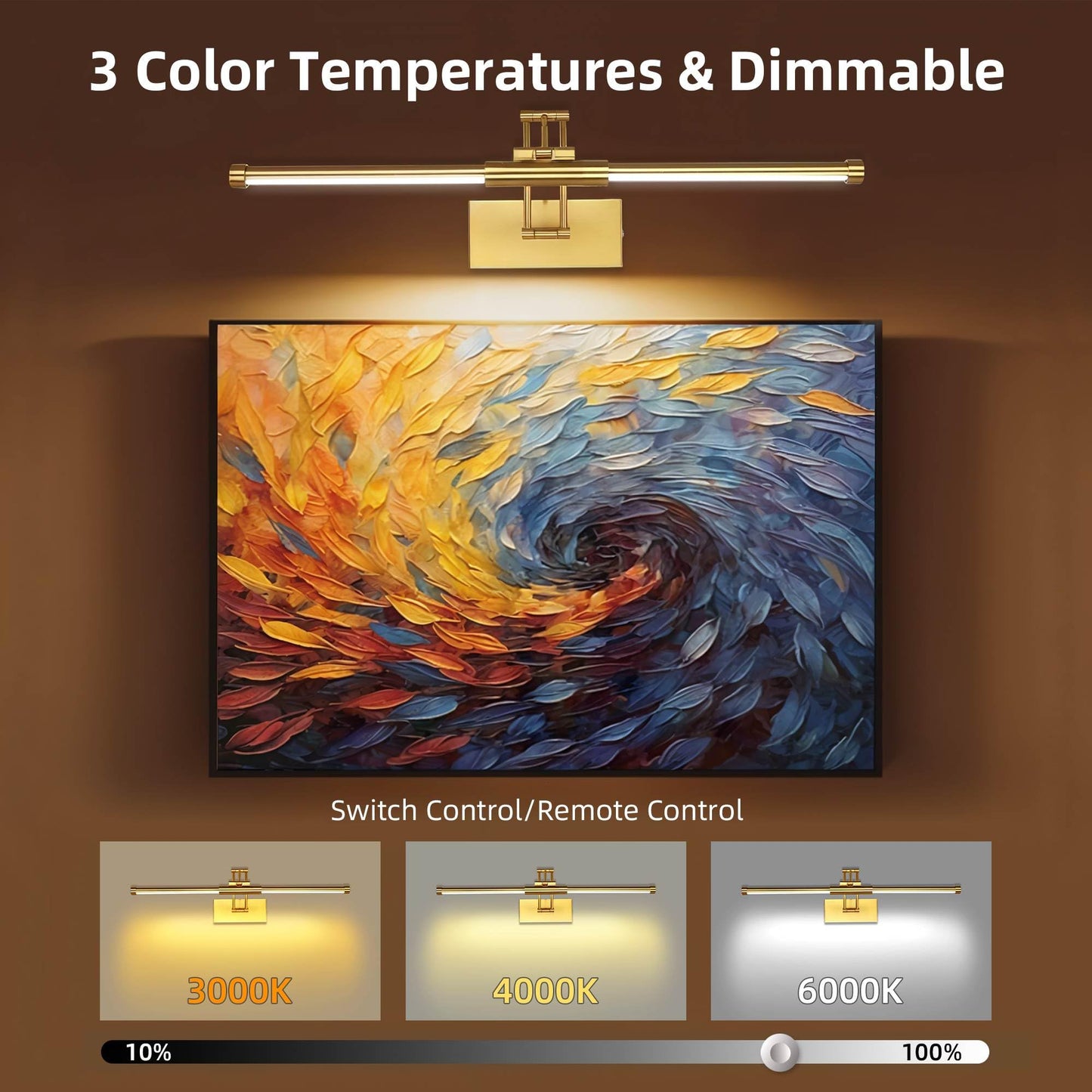 Neymlya 24“ Picture Lights for Wall, 8000mAh Rechargeable Wireless Picture Light with Remote, LED Wall Lights 3000K/4000K/6000K Dimmable, Art Lighting for Paintings Frame Gallery Dartboard, Brass