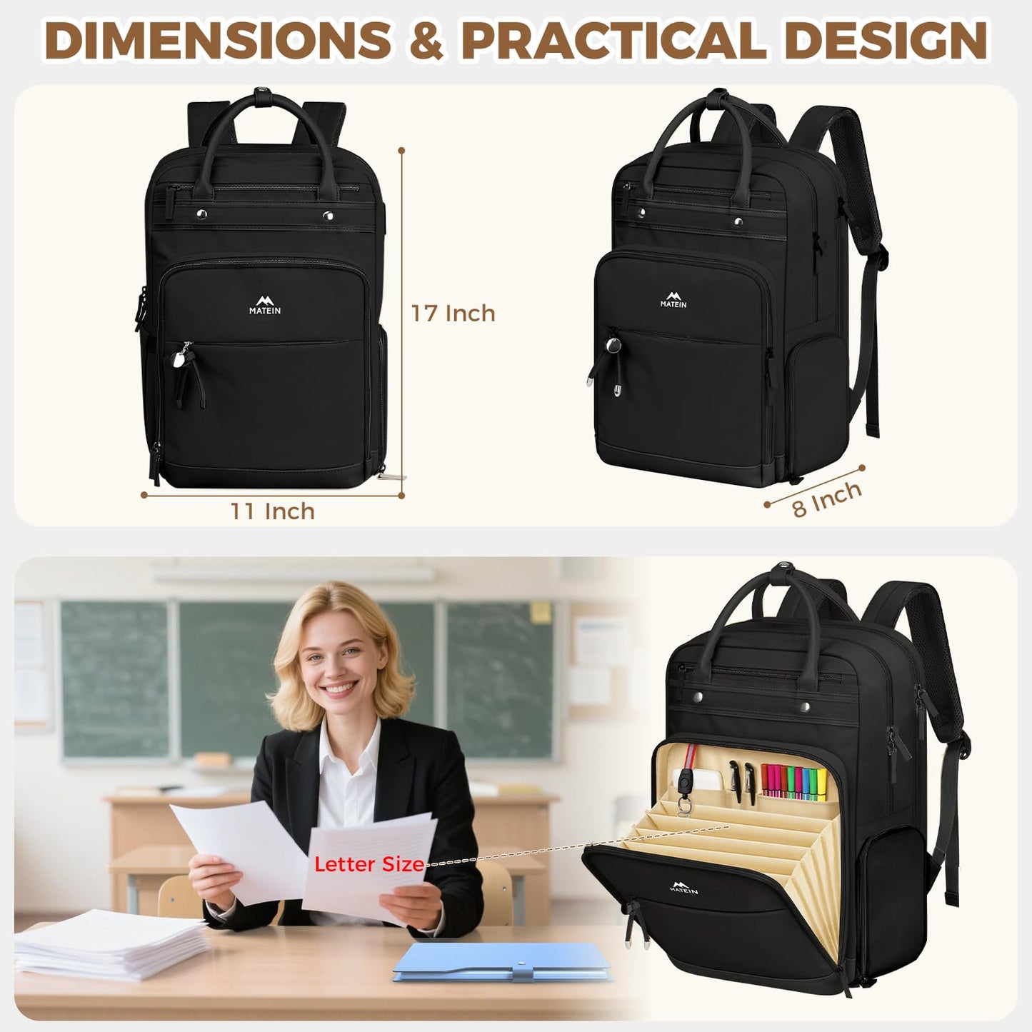 MATEIN Teacher Backpack with Lunch Compartment, 15.6 Inch Lunch Backpack for Men with Organized Pocket, College Laptop Backpacks Meal Prep Bag Gift for Teachers Work Nurse Commute Office