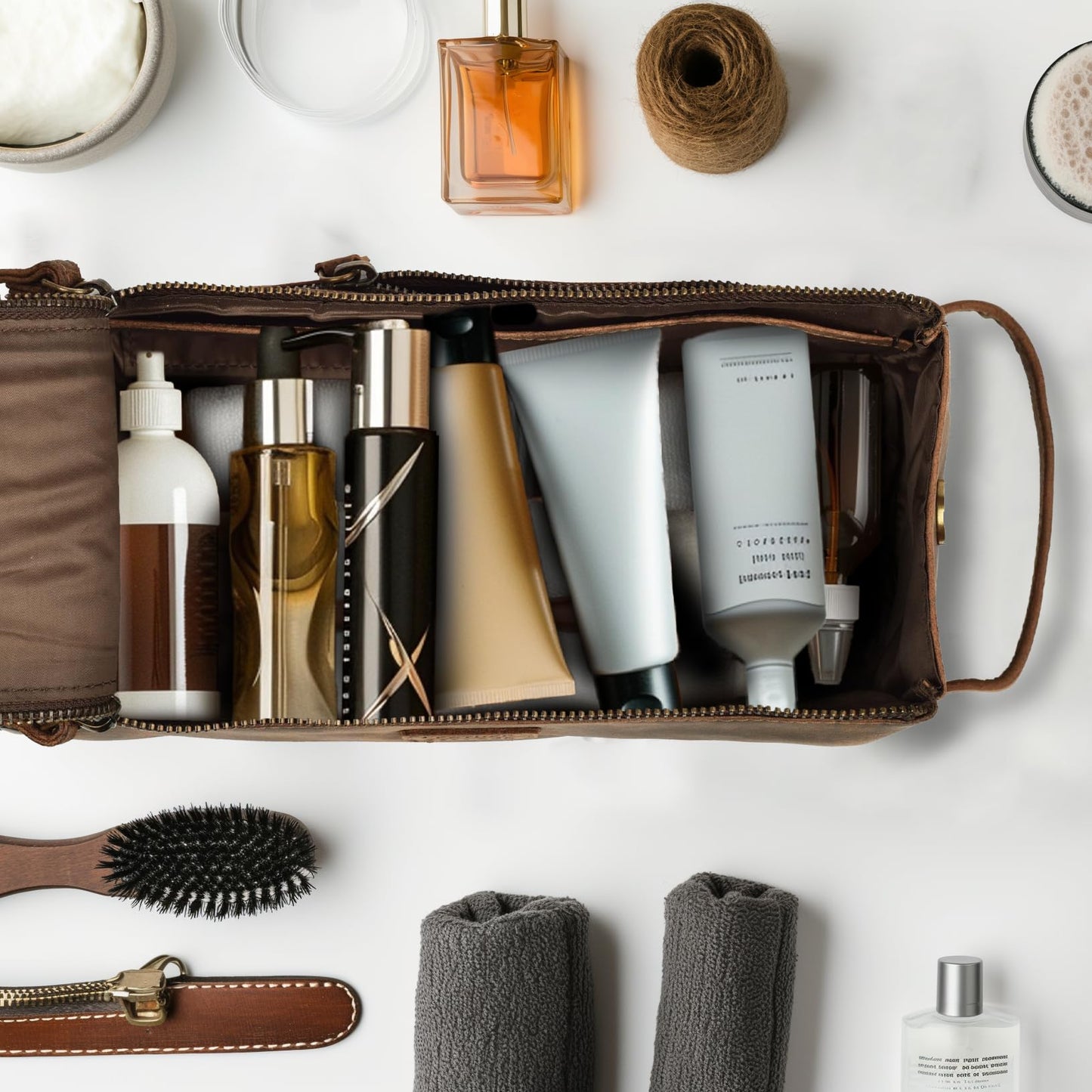 LEATHER VILLAGE Premium Leather Travel Toiletry Bag - Unisex Water-Resistant Travel Dopp Kit, Shaving & Cosmetic Organizer for Men & Women - Compact Bathroom Essentials - Rustic Brown
