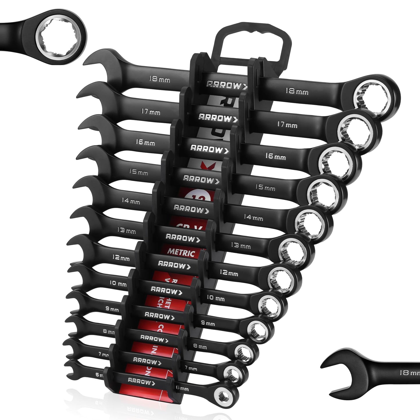 ARROW 12PCS Metric Ratcheting Wrench Set, Anti-Slip 6-18mm Combination Ratchet Wrench Set with Black Magnetic Tool Holder, Premium CRV Material, 72-Teeth, Corrosion-Resistant, Easy to Carry & Store