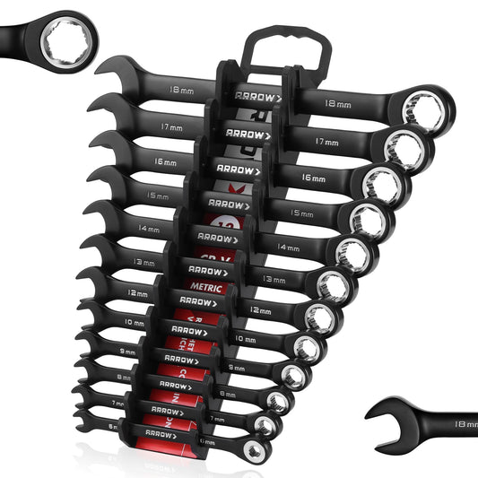 ARROW 12PCS Metric Ratcheting Wrench Set, Anti-Slip 6-18mm Combination Ratchet Wrench Set with Black Magnetic Tool Holder, Premium CRV Material, 72-Teeth, Corrosion-Resistant, Easy to Carry & Store