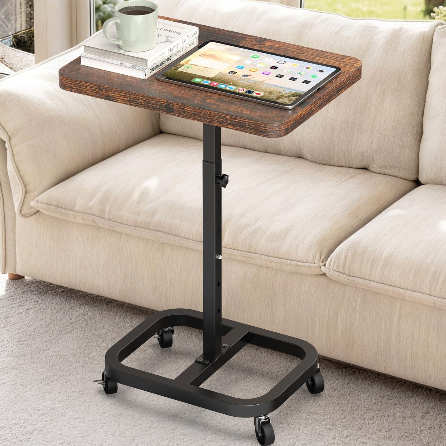 alentar Adjustable Height Mobile TV Tray Table with Wheels, Portable Rolling Desk, and Laptop Table for Eating on Couch or Sofa, Featuring Upgraded Alloy Steel Support and a Sturdy Quadrilateral Base