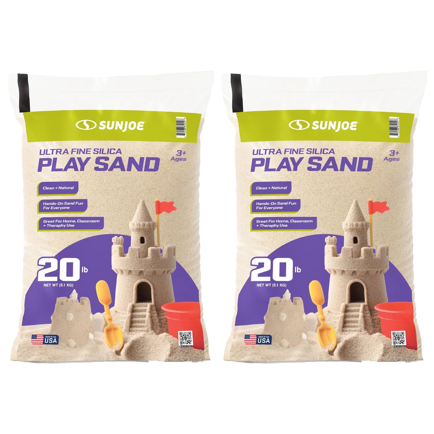 Sun Joe 2 Pack Silica Play Sand for Sandbox, Sensory Table & Garden Spaces, Ultra Fine, 20 Lbs - Natural Craft Accessory for Molding, Digging & Sculpting - Ideal for Indoor and Outdoor Use