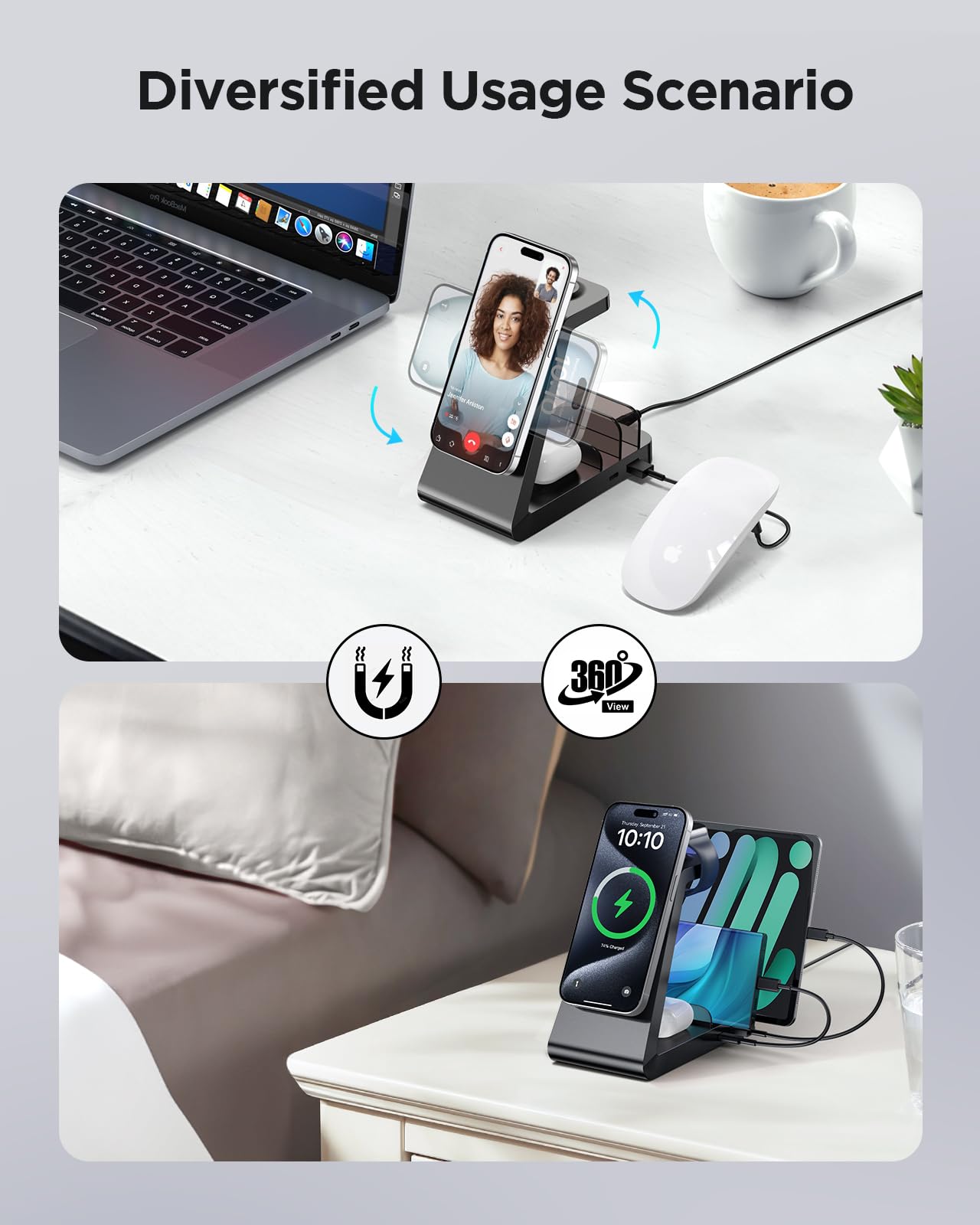 Charging Station for iPhone,5 in 1 Wireless Charger Stand Dock for Apple: Mag-Safe Charging Station for Multiple Devices Apple iPhone 16 15 14 13 12 Pro Max Plus Apple Watch iWatch Magnetic